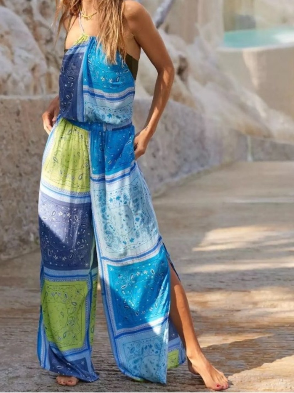 Aerie Pool-To-Party Halter Pocket Jumpsuit Blue Paisley Patchwork Tassel Small